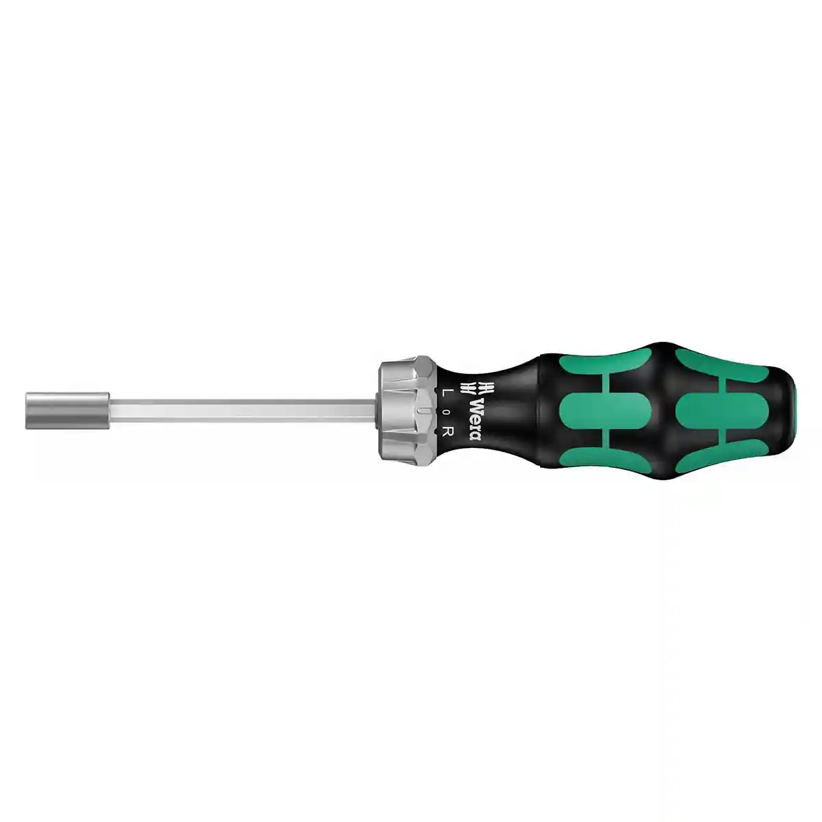 How does the ratcheting feature of this screwdriver benefit the user?